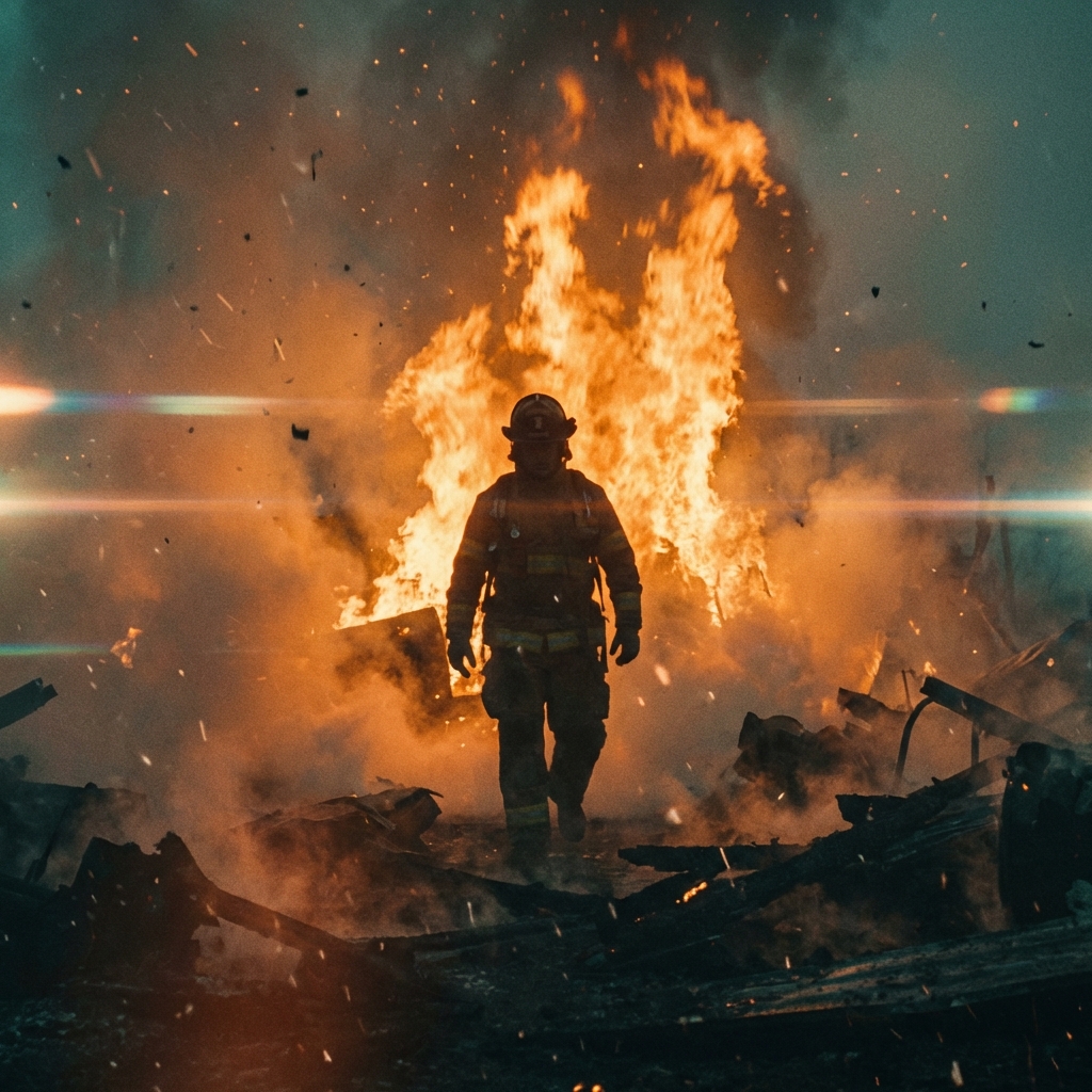 Firefighter walking through flames